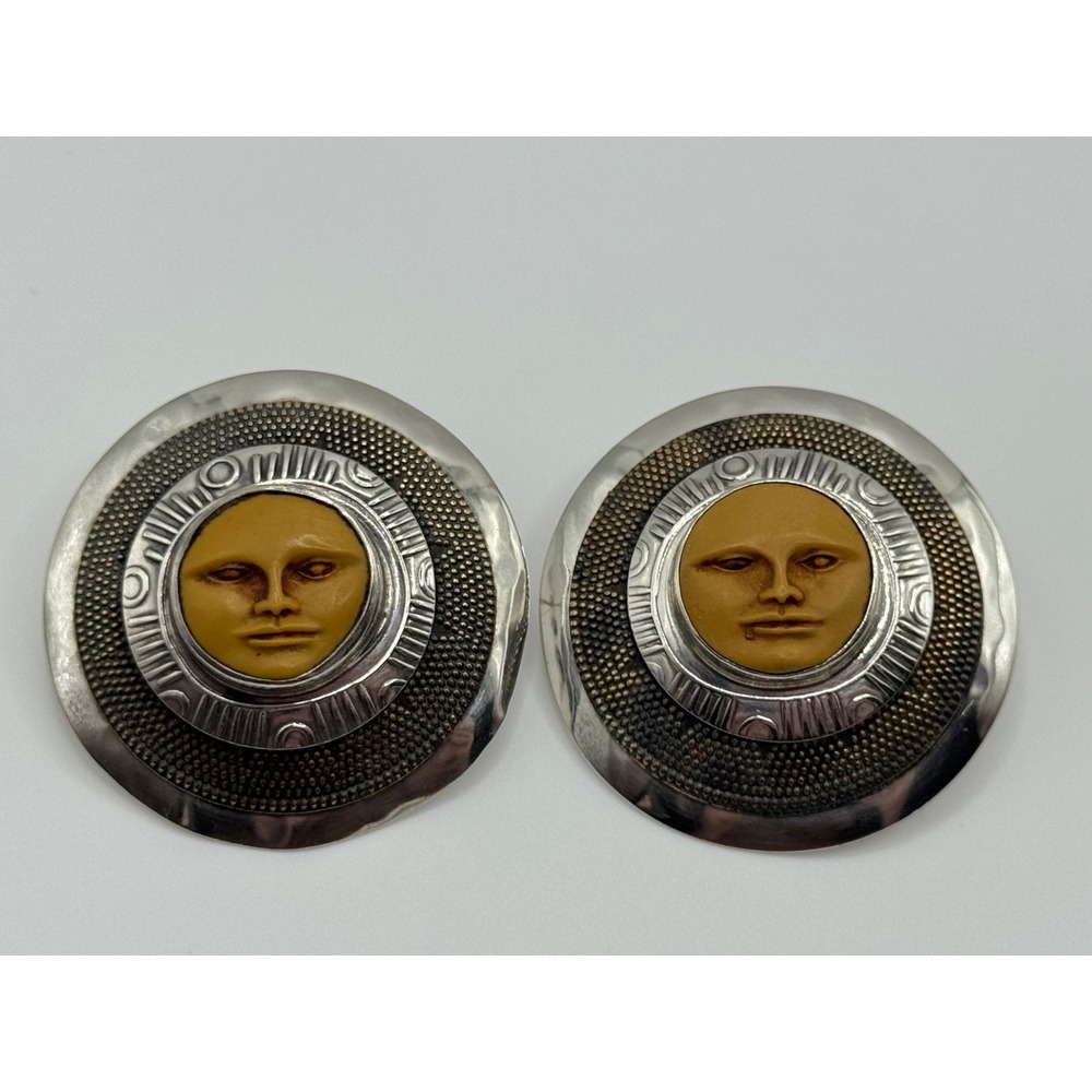 Tabra Sterling Silver Brass Moon Face‎ Pierced Earrings Signed